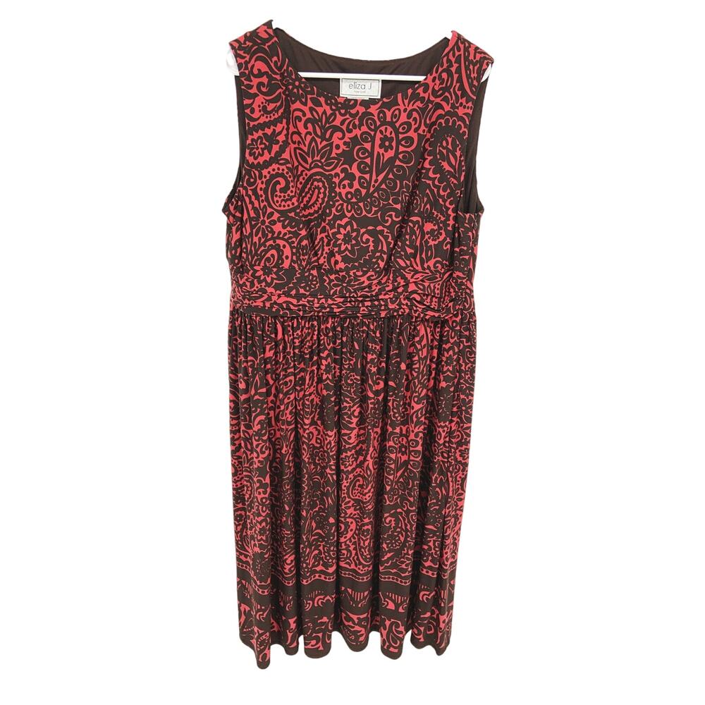 Eliza J Red Brown Paisley Cinched Waist Dress Size 16
